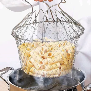Image of Foldable Stainless Steel Colander Magic Mesh Basket Drainer Frying French Fryer Tool Kitchen Cooking Basket