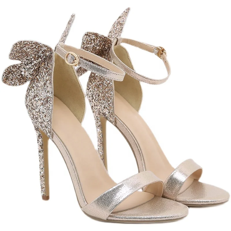 

115180 DEleventh shoes shinning bowknot butterfly Heels ladies summer Sandals Strap Stiletto Ladies heel Shoes silver gold heels