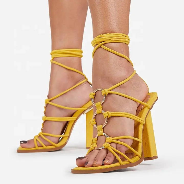 

New Arrivals Lace Up Ring Detail Square Open Toe Block Heel In Yellow Faux Suede Women's Sandals, Yellow,black
