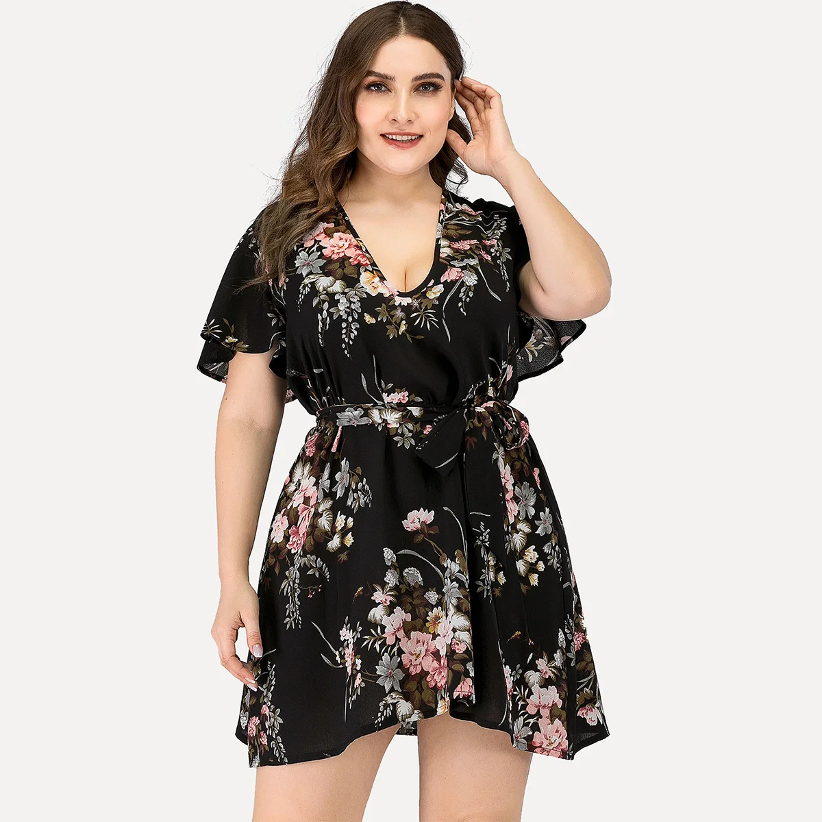 

Summer New Women's Fashion Print Plus Size V-neck Dress, Picture color