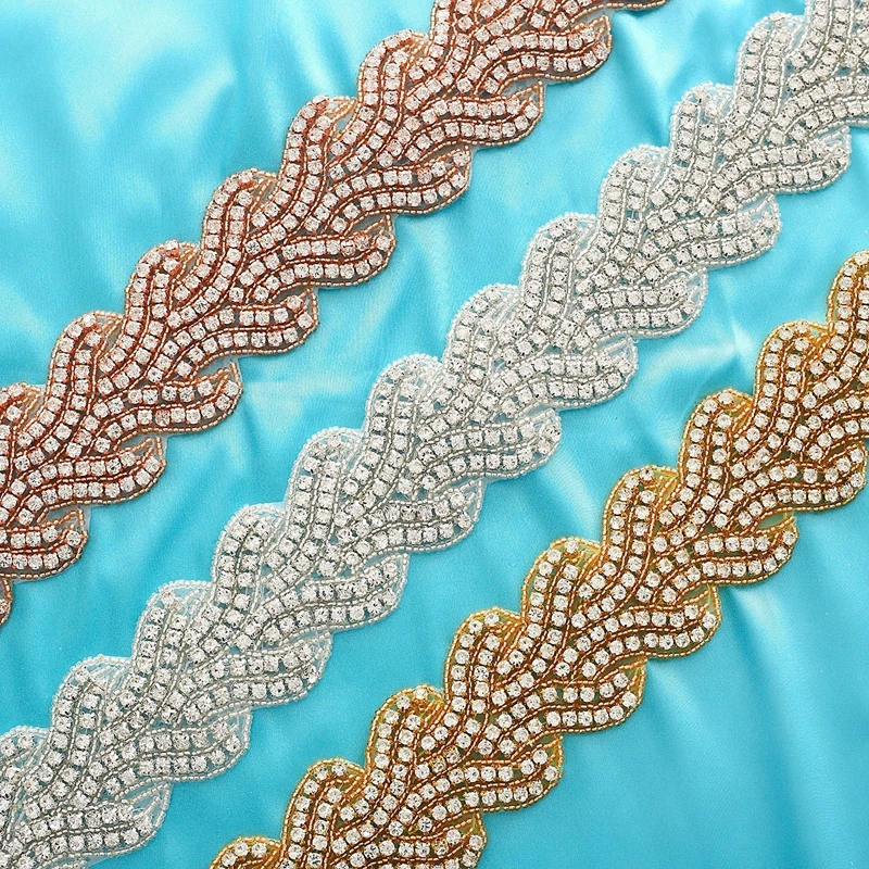 

Wholesale Luxury Bling Glass Crystal Beaded Trims Iron Sew On Wedding Dresses Vintage Rhinestone Applique Patch Accessories, Silver,rose gold and gold,customer make