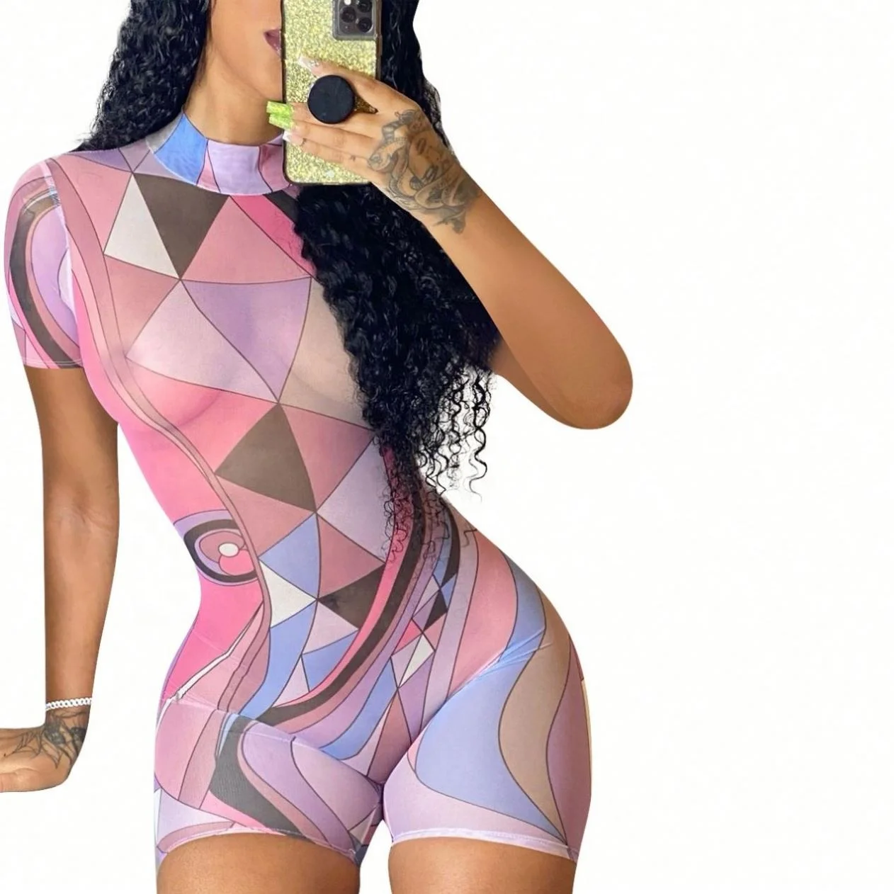 

New Style Print Tight Sexy Short Rompers Summer Short Sleeve Mesh Gauze Transparent Women Jumpsuit 2021, As picture or customized make