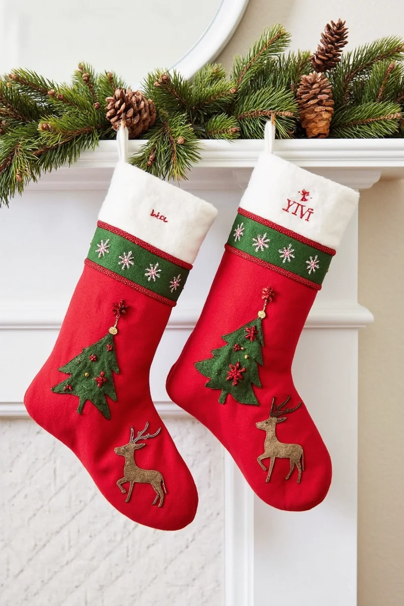 Rustic wooden pegs holding Christmas stockings