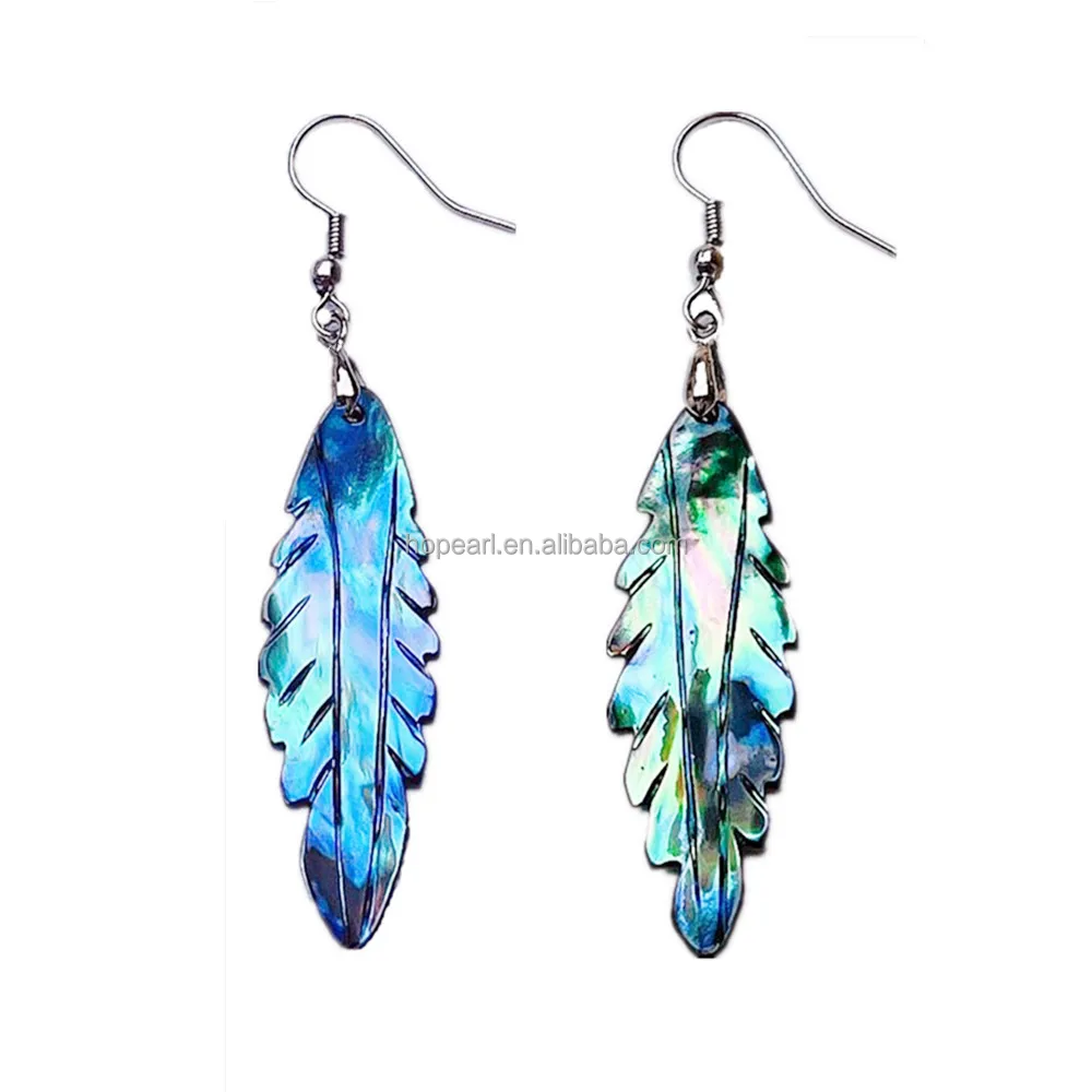 

MOP361 Green Plant Leaf Abalone Shell Earring with Long Leaf Shape Drop Earrings