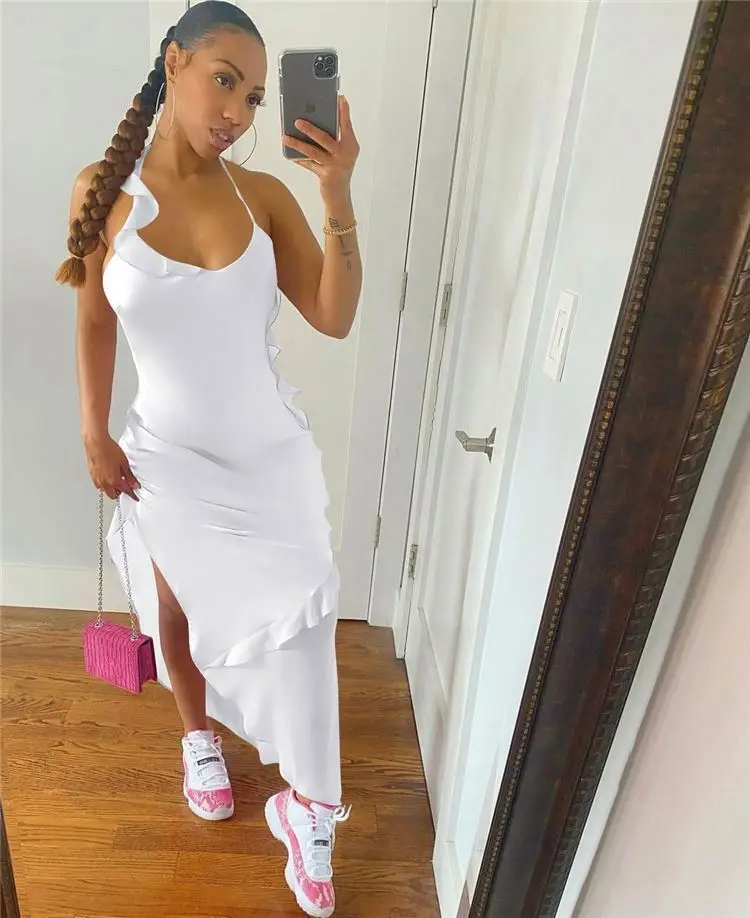 

PEARL New Style Sexy Womens Summer Dresses 2021 Solid Color Sling Ruffle Dress