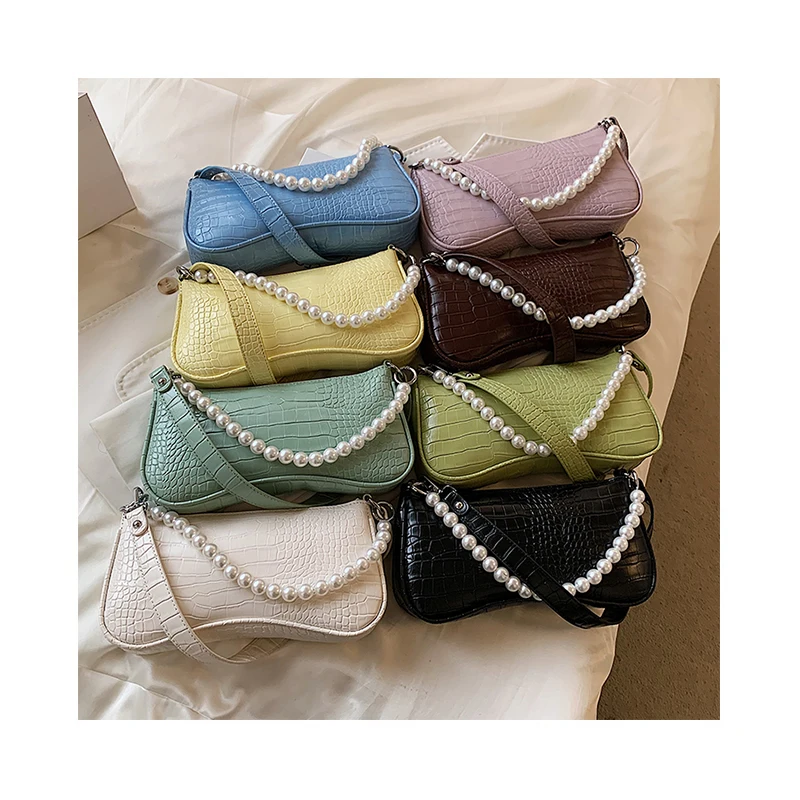 

New Design Ladies Crocodile Shoulder Armpit Bag Purses Luxury Pearl Chains Alligator Handbags for Women