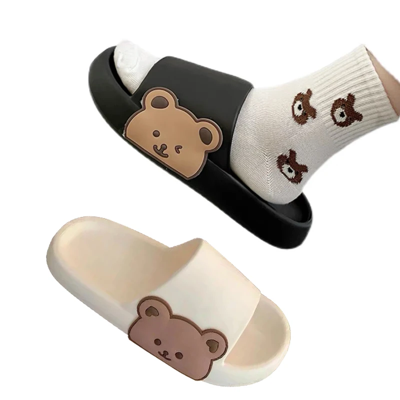 

2021 Unisex ins style new comfortable cute fashion bear beach flats slippers slides for women ladies slippers trendy black, Black/white