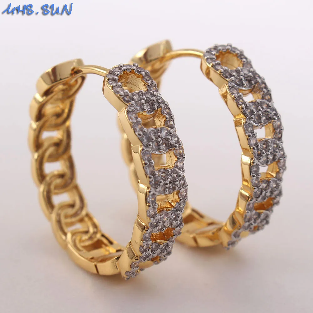 

MHS.SUN Luxury Gold Color Zircon Hoop Earrings Fashion Hollow Design Round Earrings For Women/Girls Party Gifts CZ Jewelry