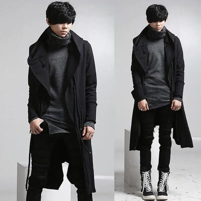 fashion long trench coat casual wool overcoat hooded men hip hop hoodie jacket