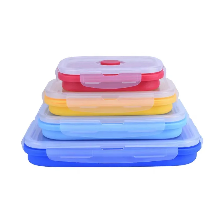 

Eco-Friendly Silicone Food Storage Container Set of 4 Silicone Collapsible Lunch Box with PP Lid, Blue/pink/yellow/green/customised