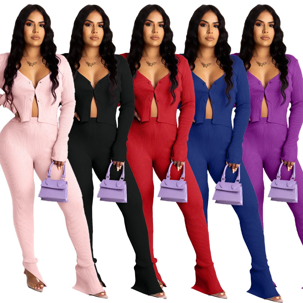 

Wholesale new arrivals 2020 winter clothes for women solid color long sleeve knit set plus size two piece, Photo shows