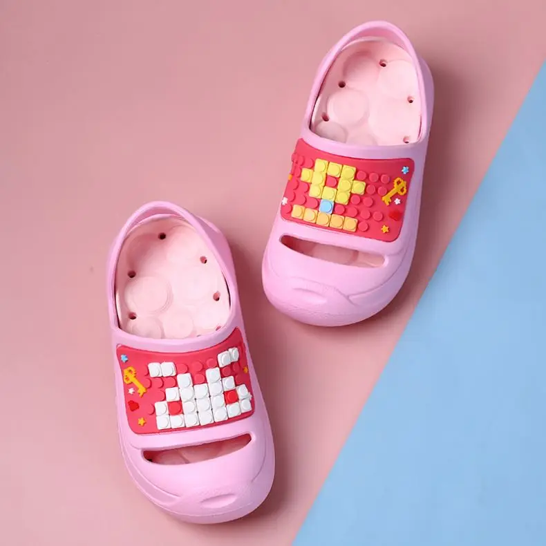 

2021 New Design Comfortable and Soft Toy Bricks Sandals DIY Sandals EVA Kids Sandals girls, Pink/yellow