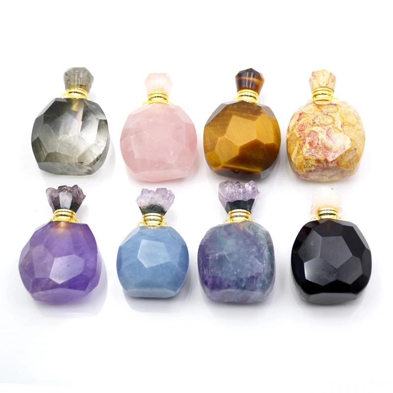 

Natural gems perfume essential oils bottle a variety of stones opener pendant with stick for necklace jewelry making, Multi