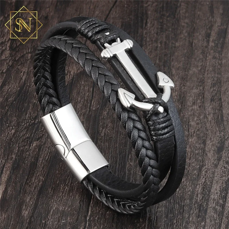 

2020 new stainless steel anchor leather bracelet for men High quality fashion stainless steel anchor leather woven bracelet