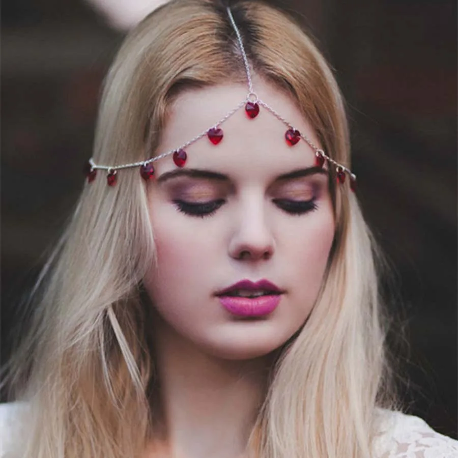 

Popular Boho hair with Red Heart Charms Love Pendant Headpieces Hair Jewelry for Women and Girls, Black.red