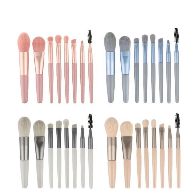 

Design 8 Pcs Mini Wooden Handle Soft Hair Makeup Brush Set Portable Beauty Tool For Beginners, Pics