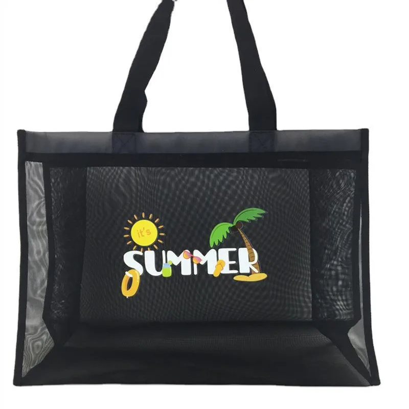 

Custom Logo Print Grocery Produce Mesh Beach Tote Bags with Zipper Pockets for Gym Picnic Shopping or Travel, Black