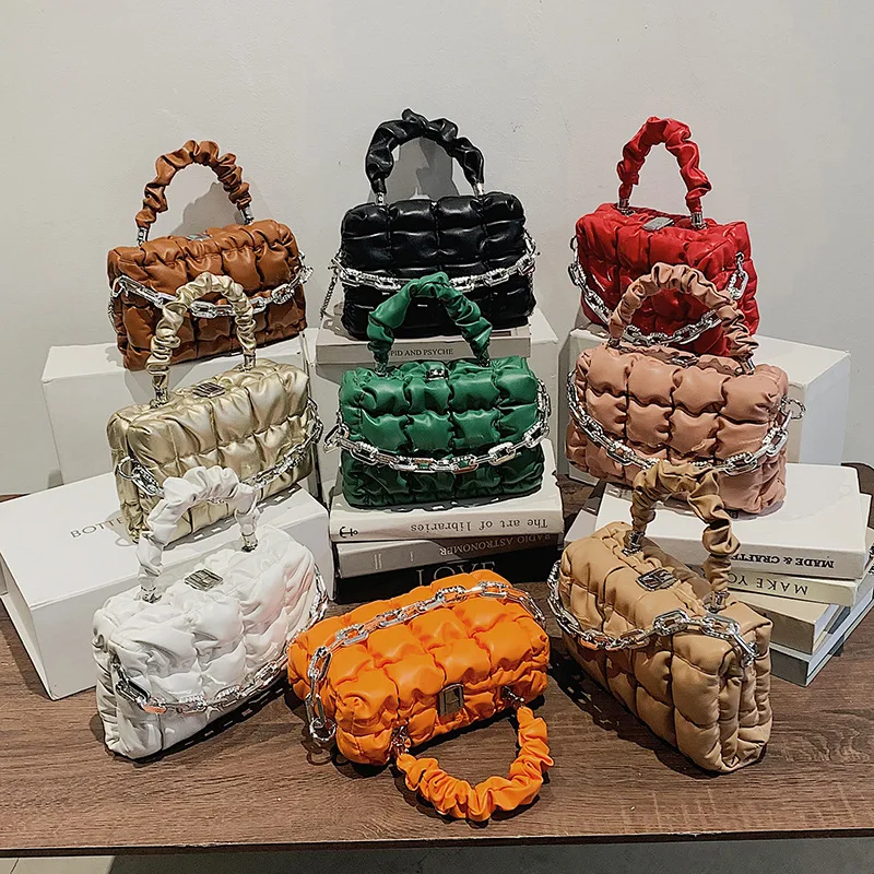 

Wholesale handbag 2022 summer new korean fashion women's chain single shoulder simple ruched  square bags, 9 colors