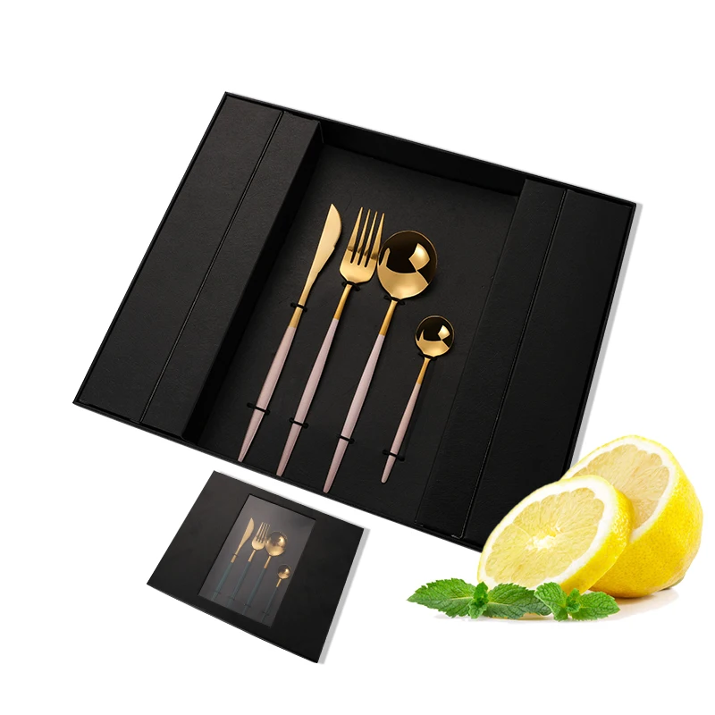 

High quality gift box spoon fork and knife set stainless steel 24 piece cutlery set with black handle, Green,white,blue,pink,black