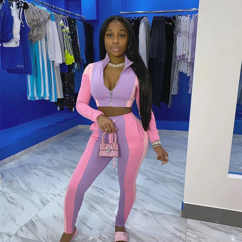 

HT 2021 winter new women's clothing color matching suit long-sleeved top drawstring trousers Women's Sets, Picture show