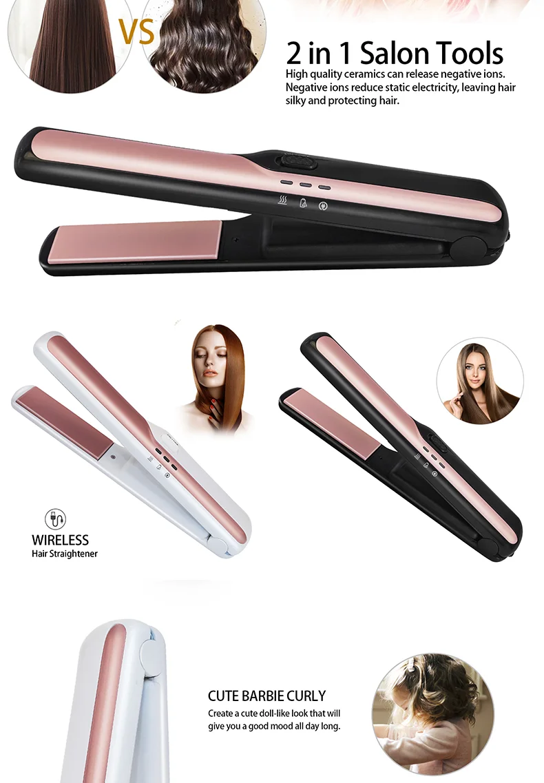 Wireless Hair Straightenerhair hair curler with battery Travel Size Usb powered rechargeable cordless mini hair straightener