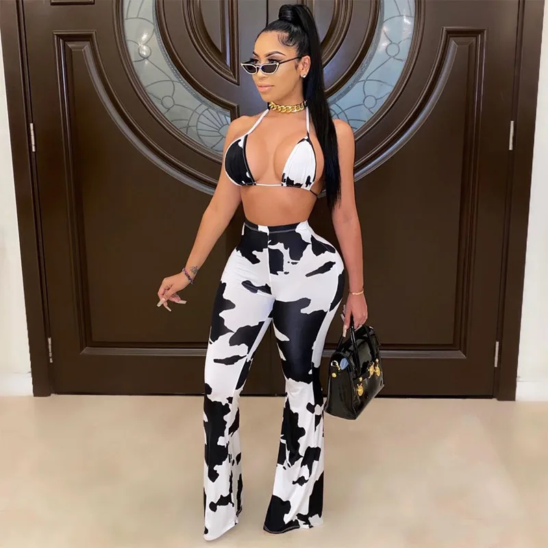 

New Style 2021 Women Sexy Clothing Halter Bra And Cow Print Wide Leg Pants 2 Piece Set, Customized color