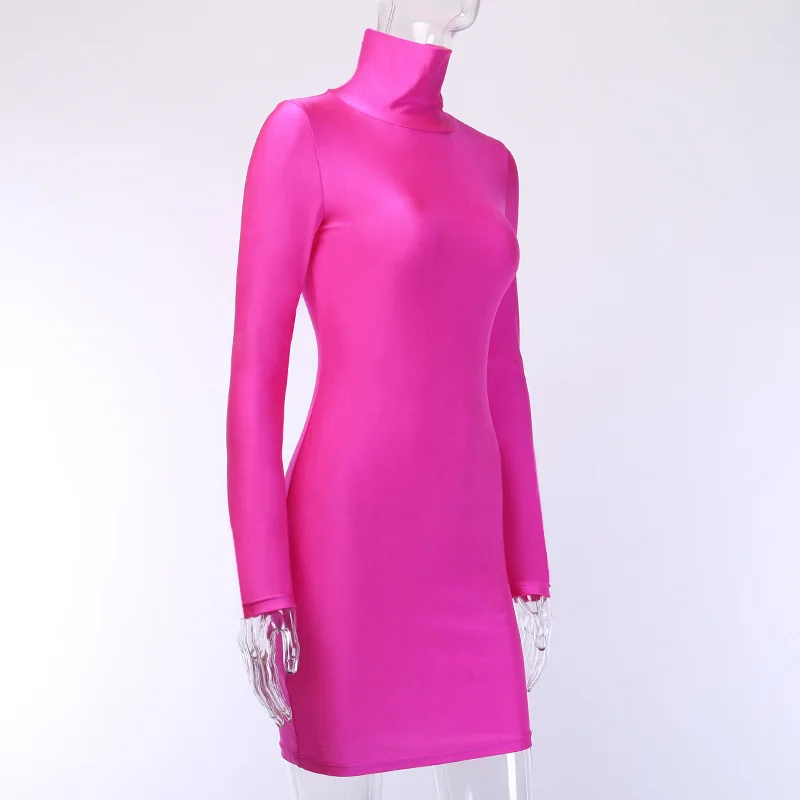 
YH Best selling taobao dropshipping boutique fall clothing long sleeve neon pink dress 
