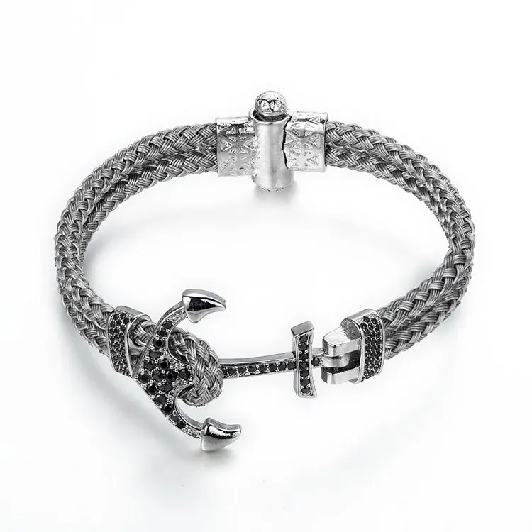 

Stainless Steel Anchor Charm Man Bracelets Luxury Braided Steel Wire Bracelet