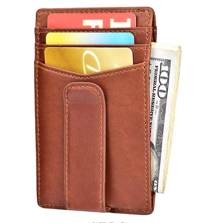 

2021 Retro Money Clip Front Pocket Minimalist Wallets Genuine Leather RFID Blocking Strong Magnet Thin Men Wallet, Brown