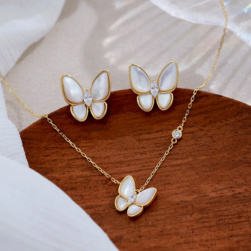 

2022 New Trendy Jewelry Personalized Dainty Mother Shell 925 silverVCA Butterfly Earring Necklace Jewelry For Women