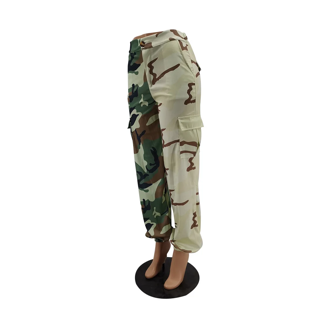 Hot Style Wide Leg  High Waist Woman Big Pocket Casual Military Trousers  Cargo Camouflage Pants