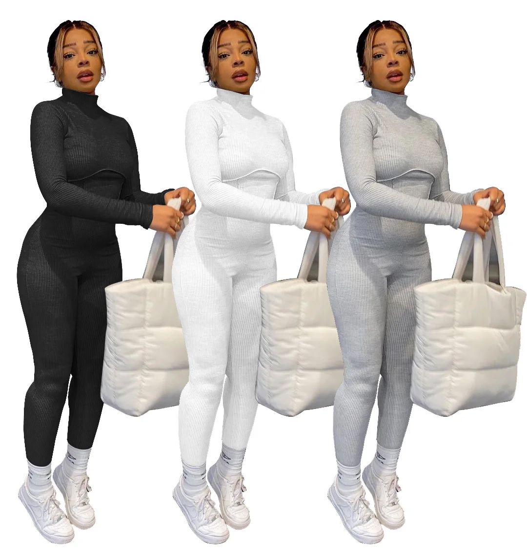 

New Arrive 2021 Women Clothing Casual Fashion Tight Jumpsuit Solid Color Rib Fabric Stand Collar Jumpsuit Wholesale