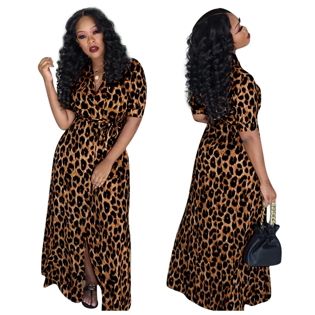 

Summer New Wholesale Price Leopard Printed Waist Belt Women Casual Dress