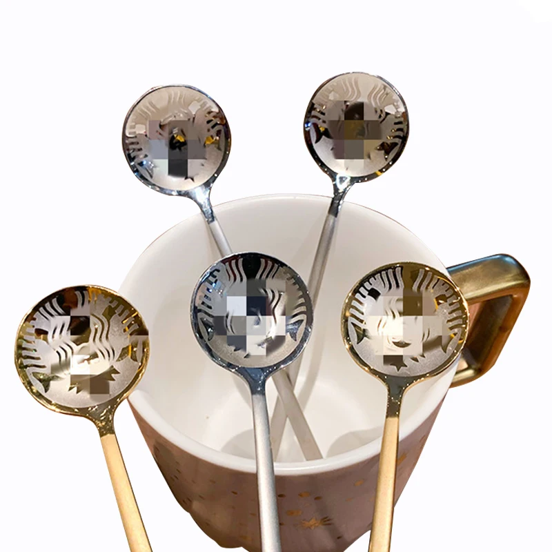 

Customized logo multi-colored 304 stainless steel long handle coffee spoon, Gold