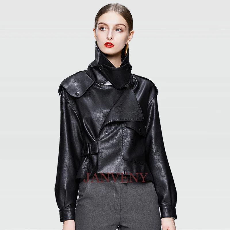 

JANVENY 2021 Spring Autumn Women Oversized Cool Lady Faux Lambskin Leather Jacket Sweet Female Biker Zipper Outwear