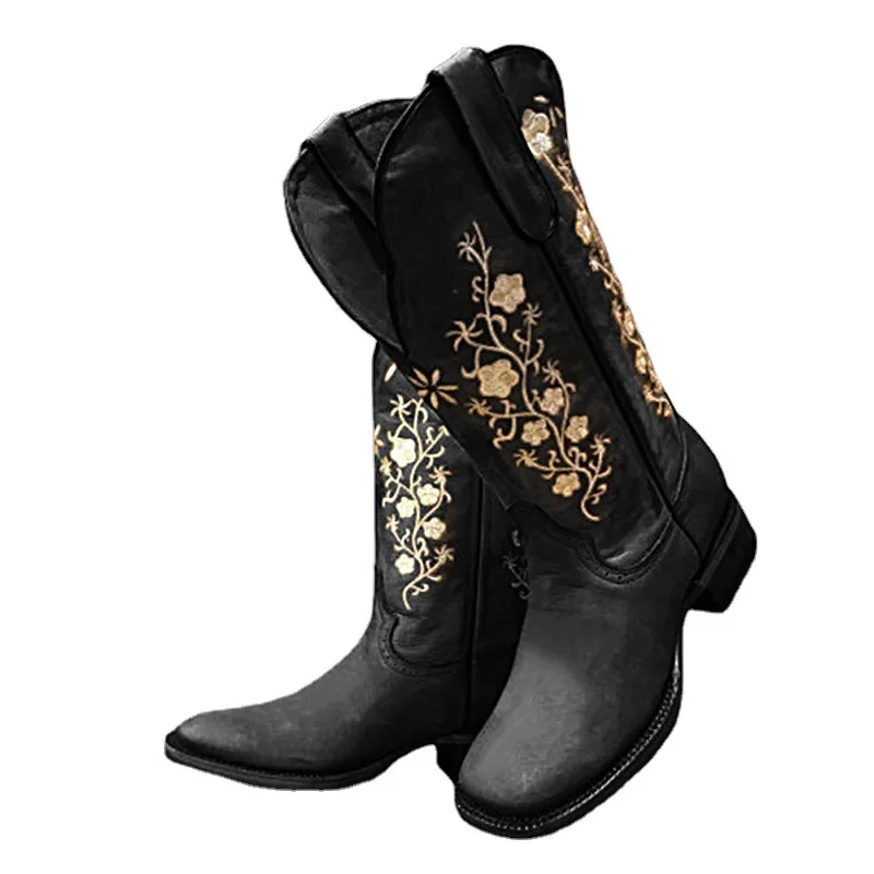 

Dropshipping Ladies Western Boots Solid Color Embroidered Round Toe Flat Socks Ladies Calf Boots
