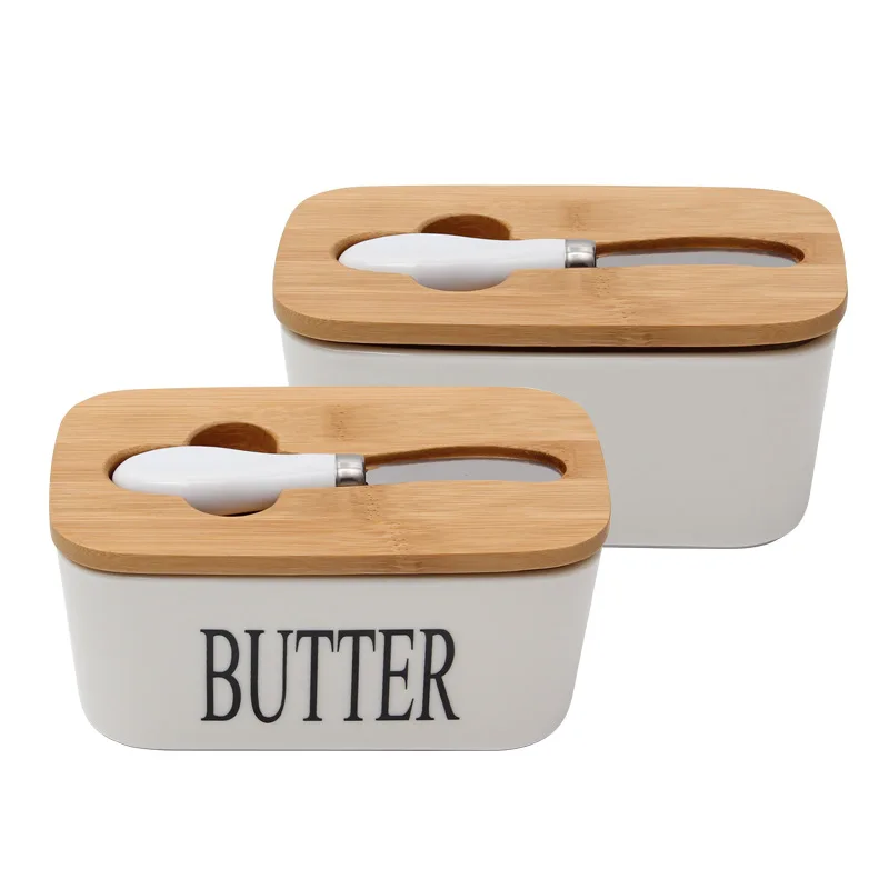 

Custom Large Butter Box Rectangle Butter Container Ceramic Butter Dish With Knife And Wooden Lid, White