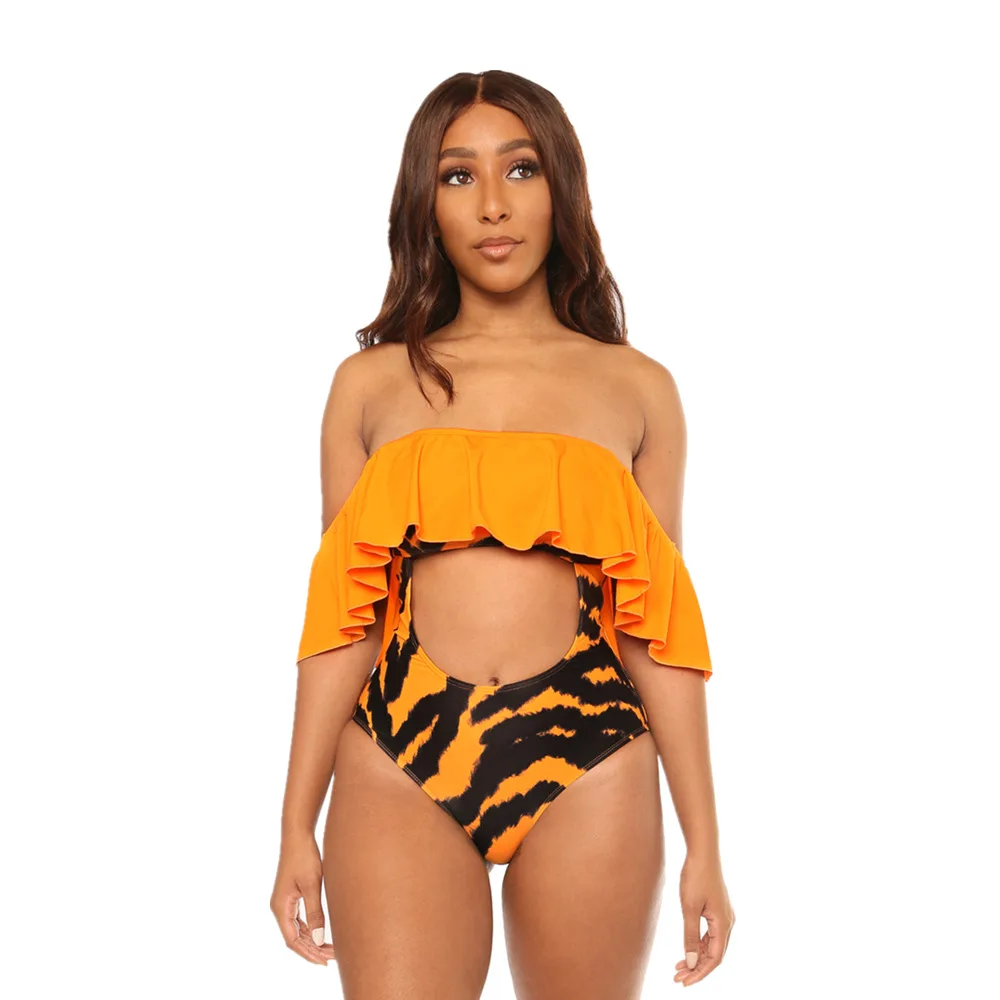 

2020 Orange Women Ruffle Swimwear Zebra Cut Out Swimming Suits off shoulder One piece Swimsuit