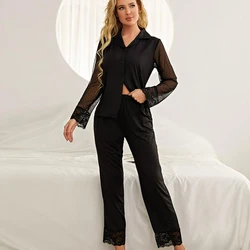 Solid black 2 piece knitted loungewear pjs set sexy sleep wear women transparent gauze sleepwear nightwear pajama terno for lady