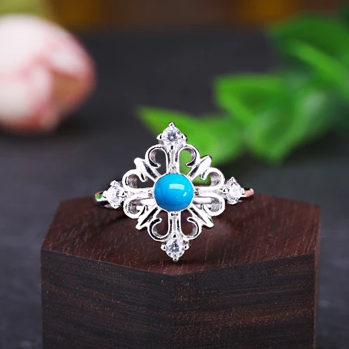 

925 Sterling Silver Female Diy Ring Blank Inlaid 5mm Turquoise Round Ring Open Plated Platinum Setting