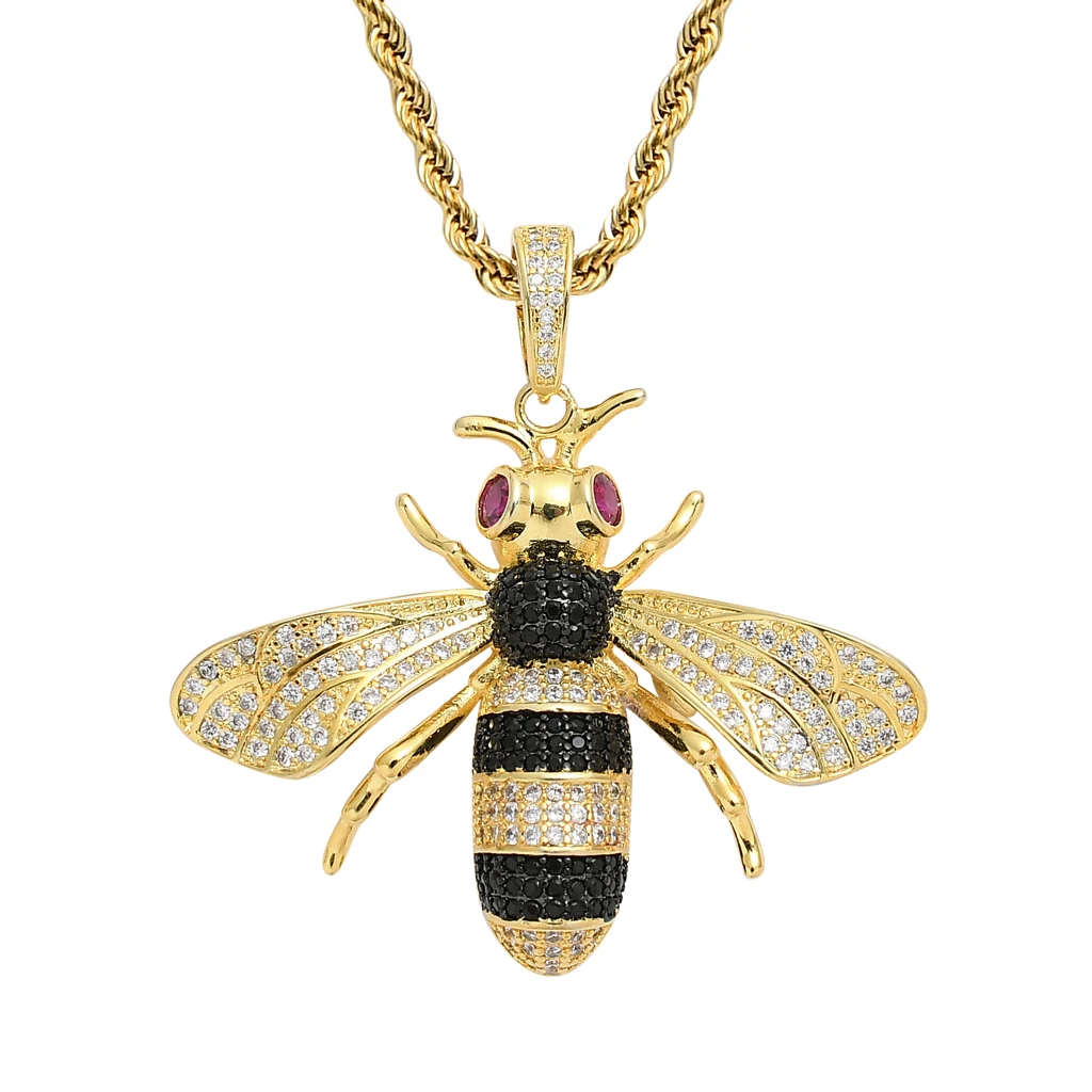 

Cross Border Fashion Bee Pendant with Color Zircon Tide Brand Rap Nightclub Hip Hop Accessories, Real gold