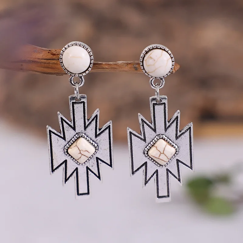 

2023 New Arrival Western Style Retro Alloy Polygon Shape Inlay Round Square Gemstone Pendant Stud Earrings