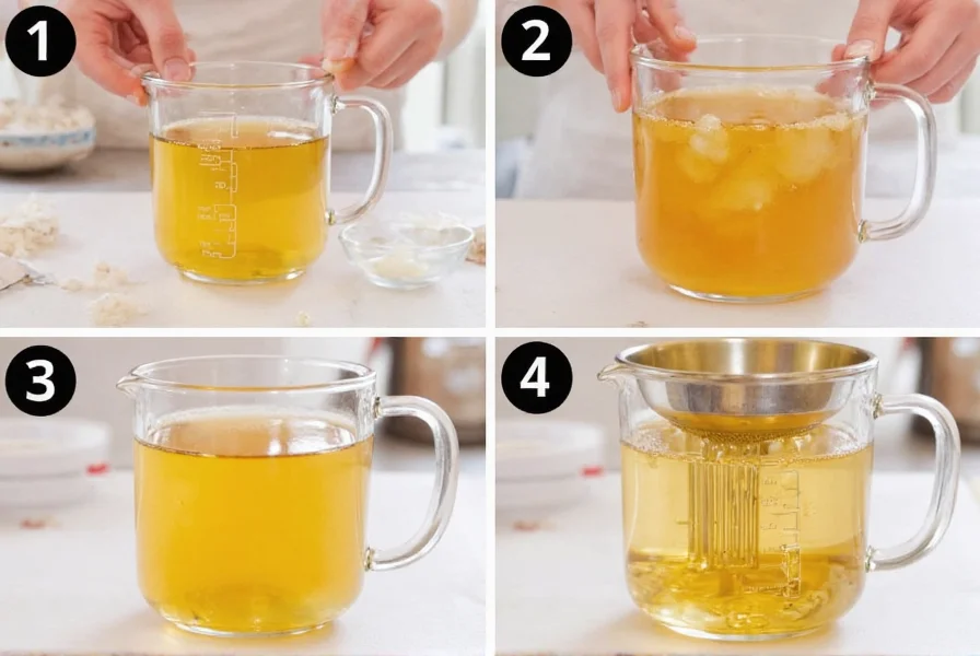 Step-by-step preparation of ginger crystal tea showing measuring, steeping, and straining process