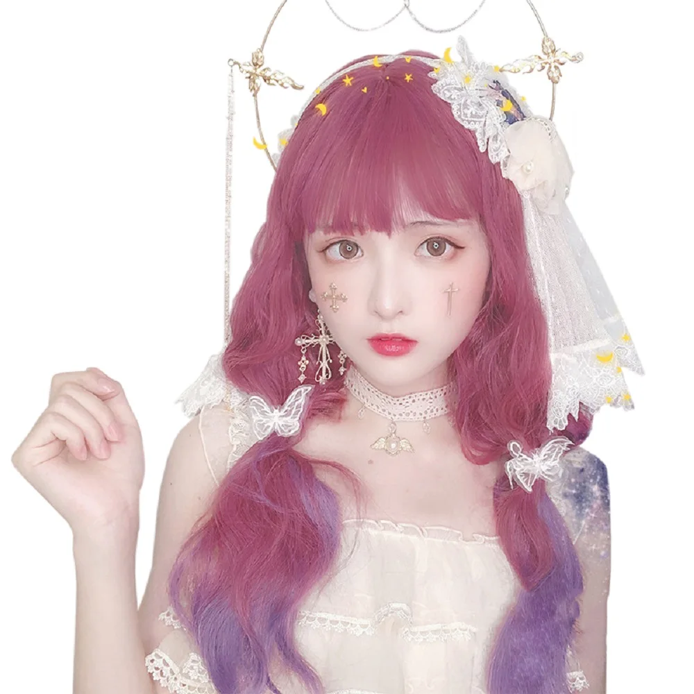 

Deep Berry Pink Gradient Purple Long Curly Hair 24 INCH Harajuku Princess Sweet High Temperature Silk Cosplay COS Wig, Pic showed