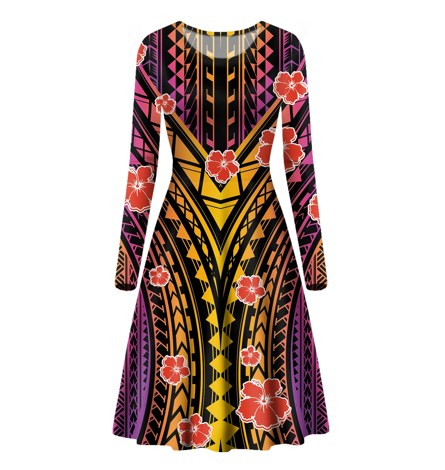 

Polynesia Pink Hibiscus Flower With Hawaiian Tribal Print Long Sleeve O Neck Loose Fit Tunic Swing Dresses for Women Casual Wear, Customized color