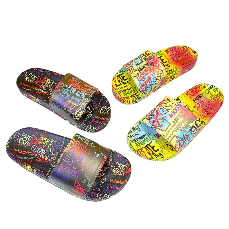 

2021 stylish graffiti design outdoor comfortable women summer slippers, Mix colors
