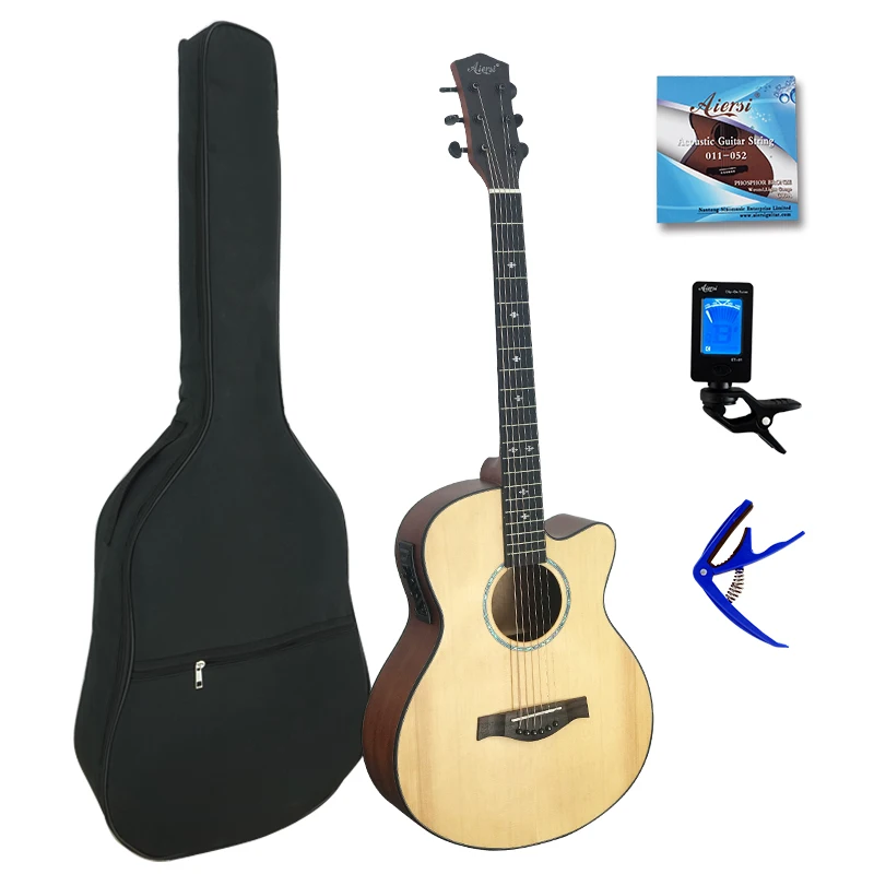 

Aiersi factory cost price 40 inch Solid spruce top electrical Acoustic guitar with capo string tuner, Natural