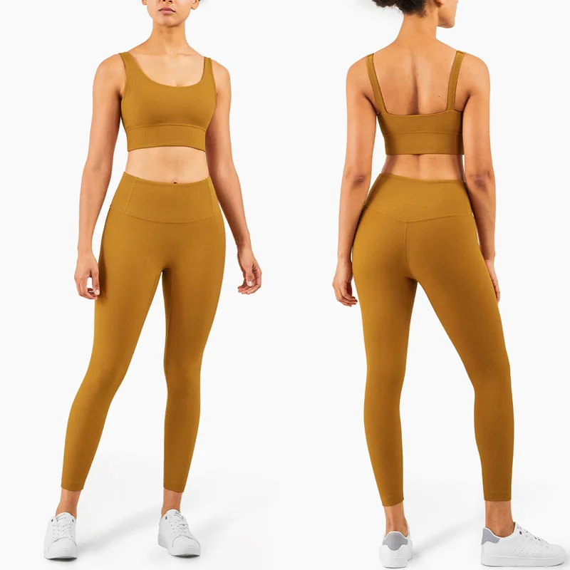 

LOQ MOQ Fashionable Top Rated Sports Wear Women Active Wear High Waisted Tummy Control Seamless Orange Ribbed Yoga Set, Custom colors