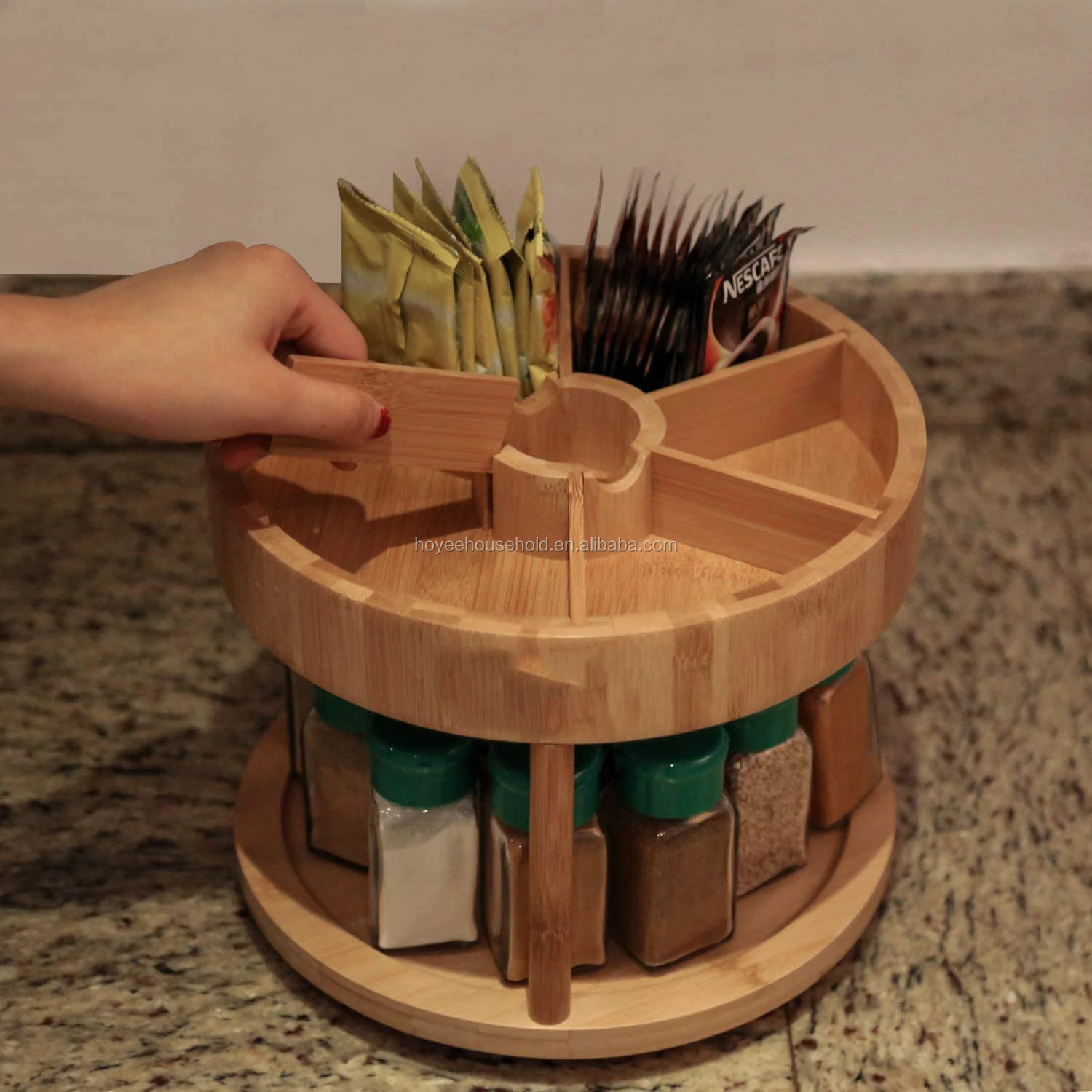 2tier Bamboo Spinning Spice Rack Holder Kitchen Counter Top