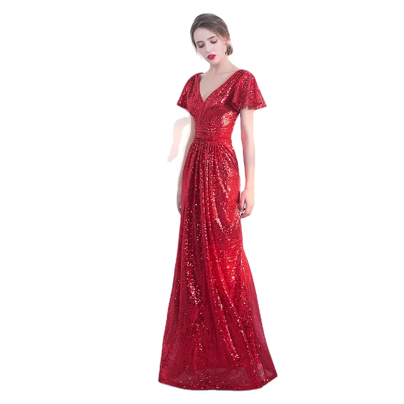 

Wholesale high quality European and American evening dress 2020 new banquet gold sequin dress long slim slimming dress, Picture